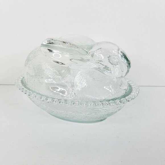 Bunny Covered Candy Dish Clear Pressed Glass Rabbit Basket Nest Trinket - Picture 3 of 7